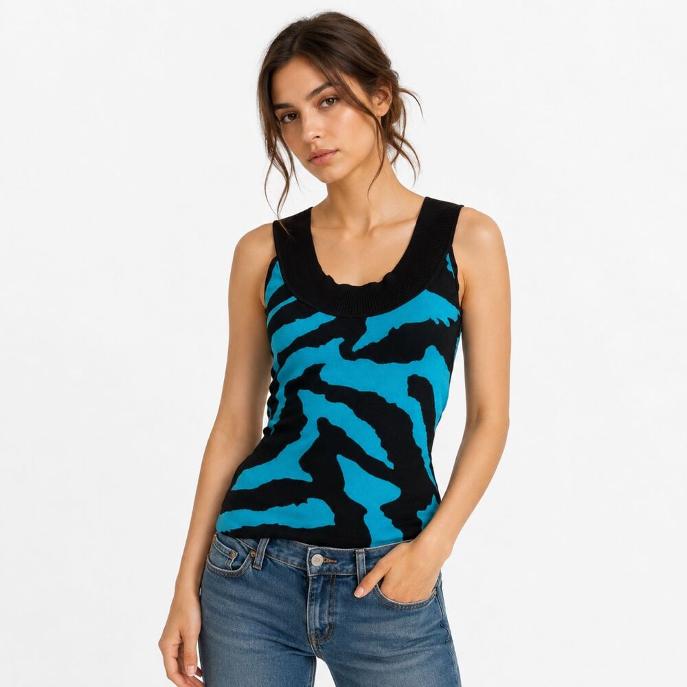 Cache Y2K Zebra Print Tank Top Blue Black Stretch Sleeveless Vintage Small